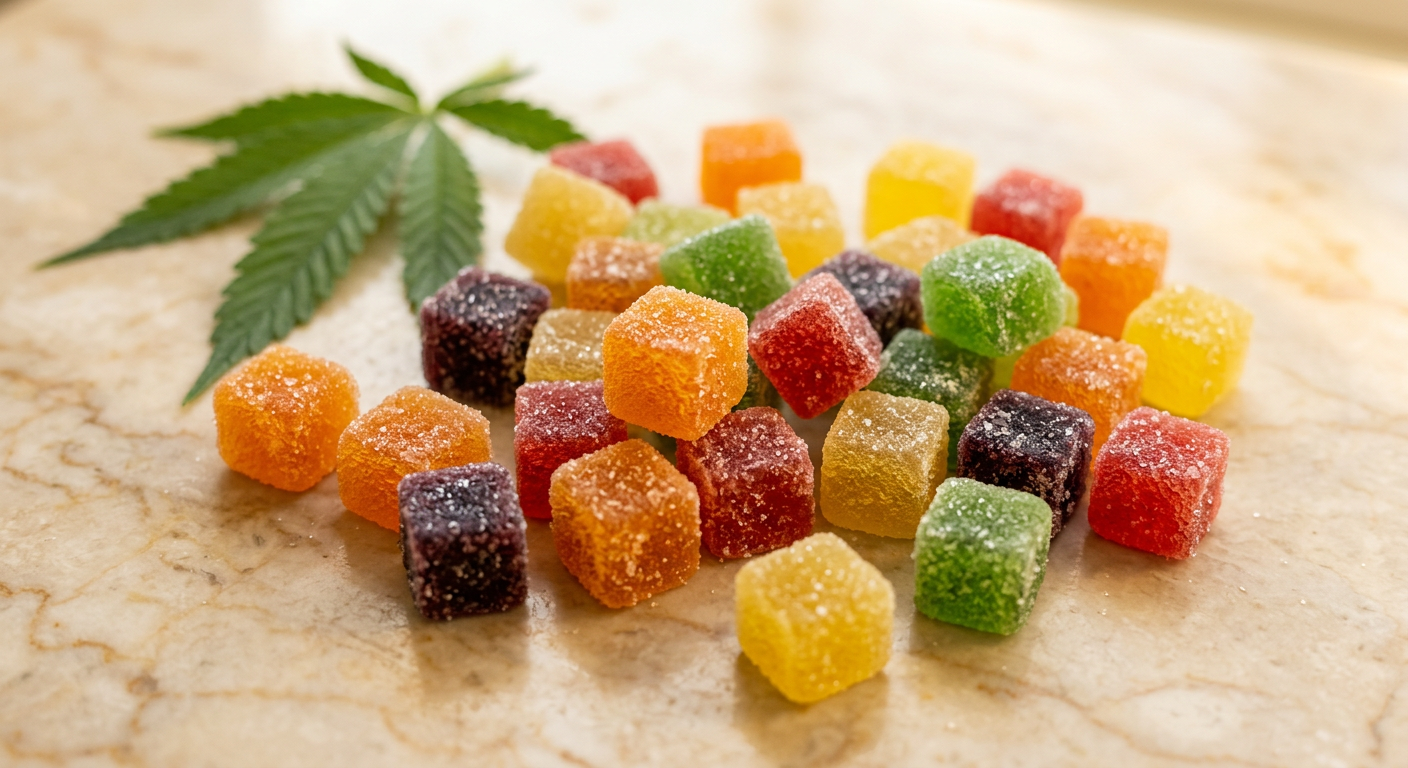Close-up of colorful Golden Touch Fusion CBD gummies beside a fresh hemp leaf