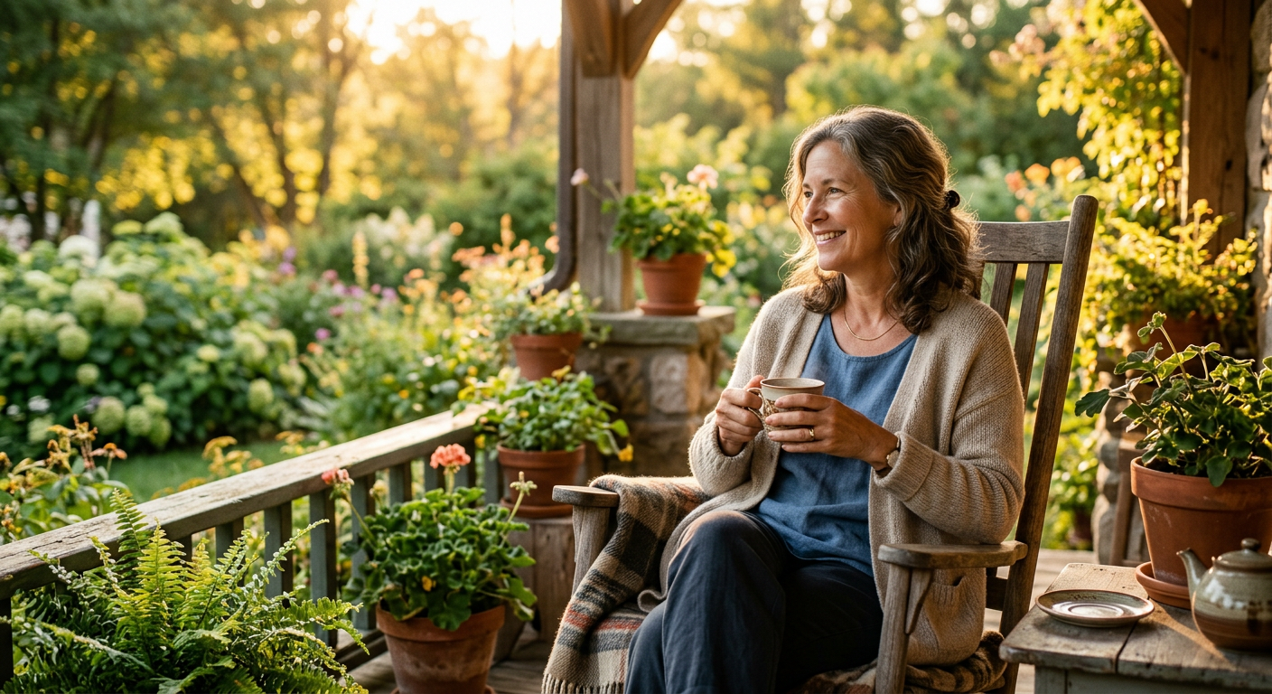 Relaxed woman enjoying a calm evening on her porch as part of a CBD wellness routine